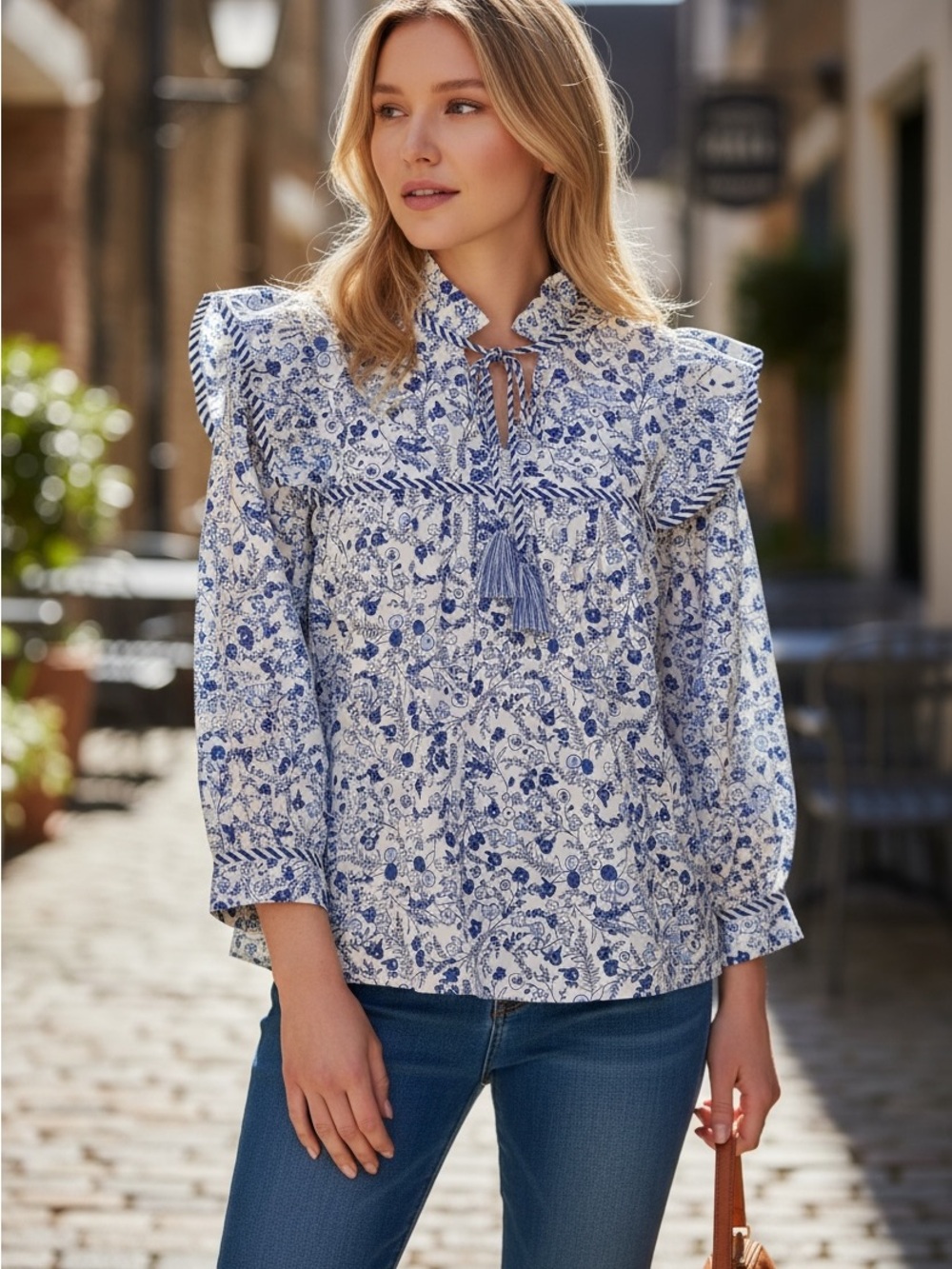 Mud Pie Blue and White Floral Ruffle-Yoke Tie-Neck Blouse